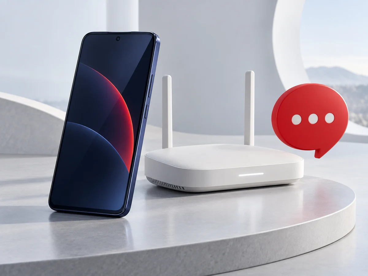 Render 3D di uno smartphone blu e un modem bianco, con un fumetto rosso che richiama l’assistenza clienti